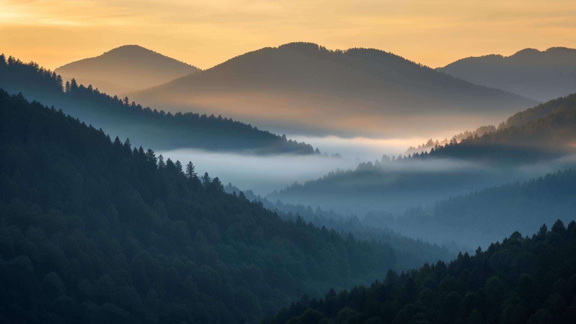 Munți învăluiți în ceață la răsărit